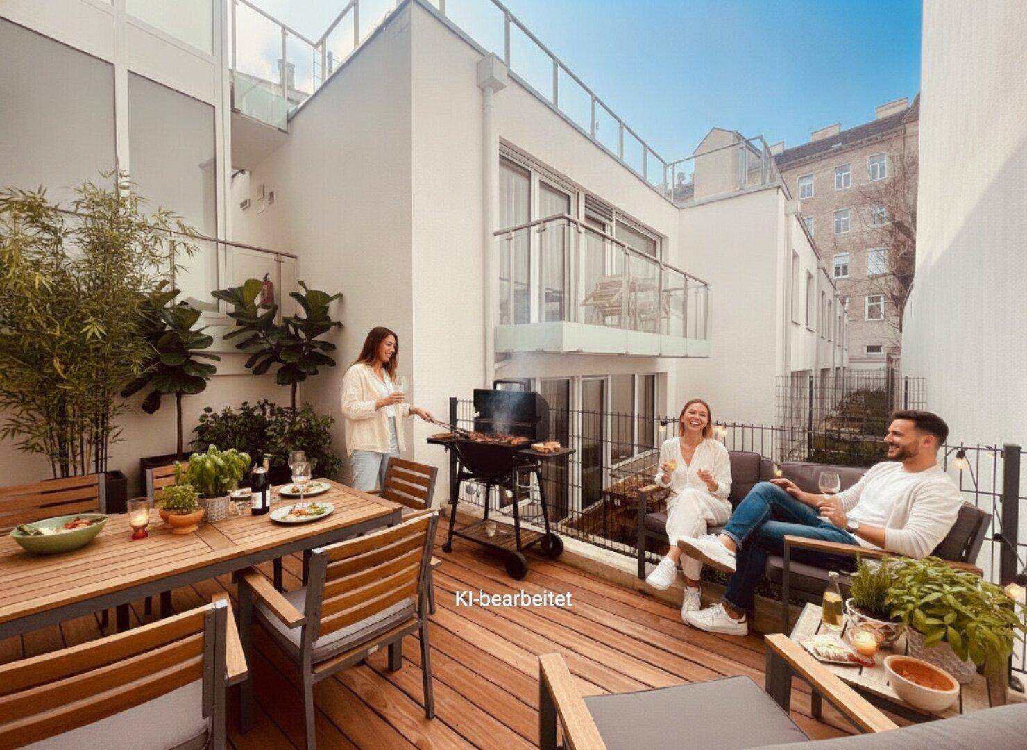 Geräumige Dachterrasse mit Holzdeck, Grillbereich und gemütlicher Sitzecke für gesellige Abende.