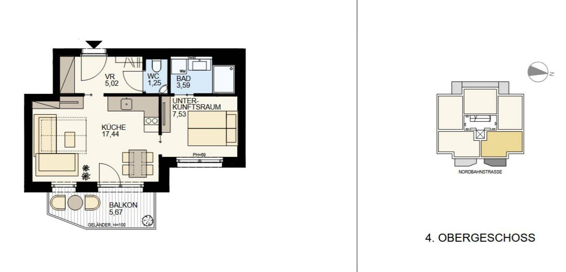 Grundriss einer Wohnung mit offener Küche, Wohn-/Schlafbereich, Bad, separatem WC und Balkon.