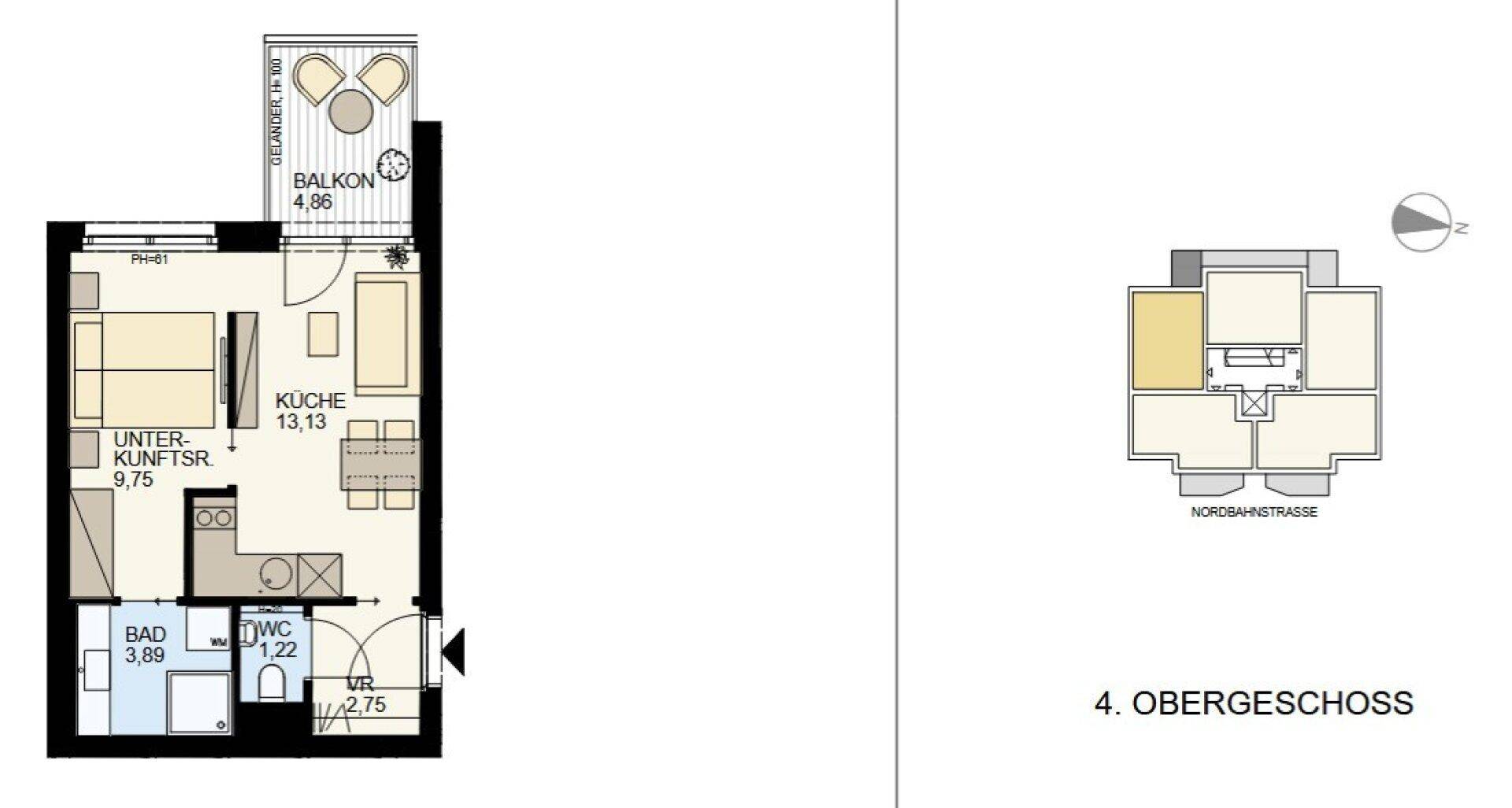 Grundriss einer Wohnung mit offener Küche, Wohn-/Schlafbereich, Bad, separatem WC und Balkon.