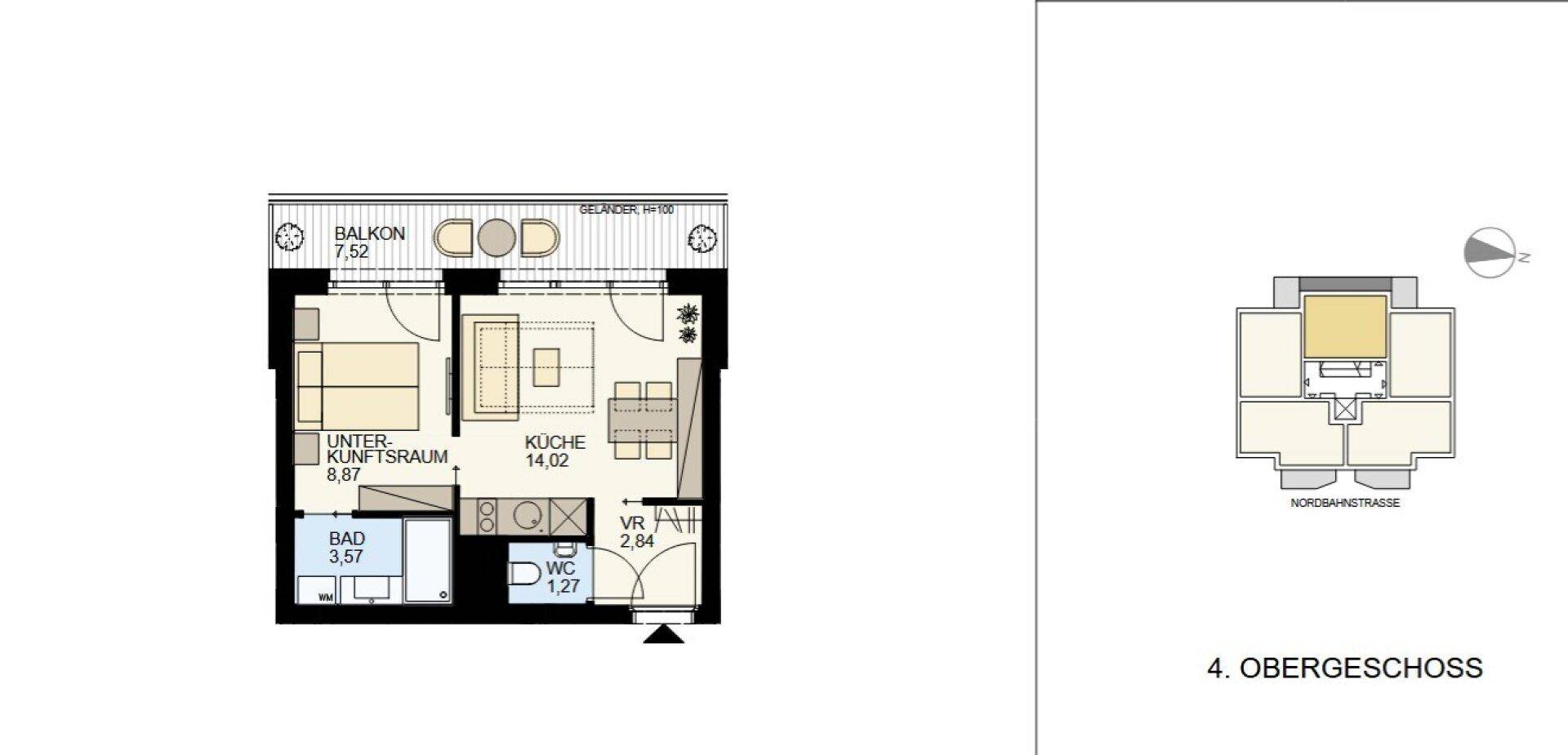 Grundriss einer Wohnung mit offener Küche, Wohn-/Schlafbereich, Bad, separatem WC und Balkon.