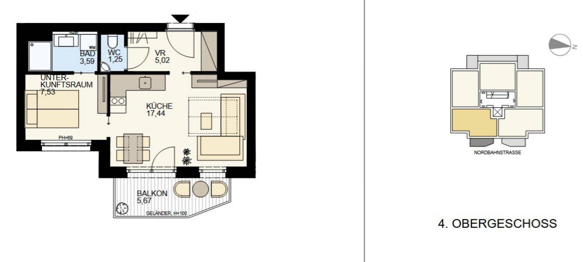 Grundriss einer Wohnung mit offener Küche, Wohn-/Schlafbereich, Bad, separatem WC und Balkon.