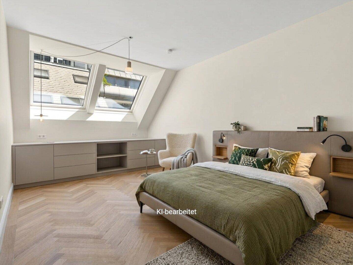 Modernes Schlafzimmer mit Dachschrägen, Parkettboden und großen Dachfenstern.