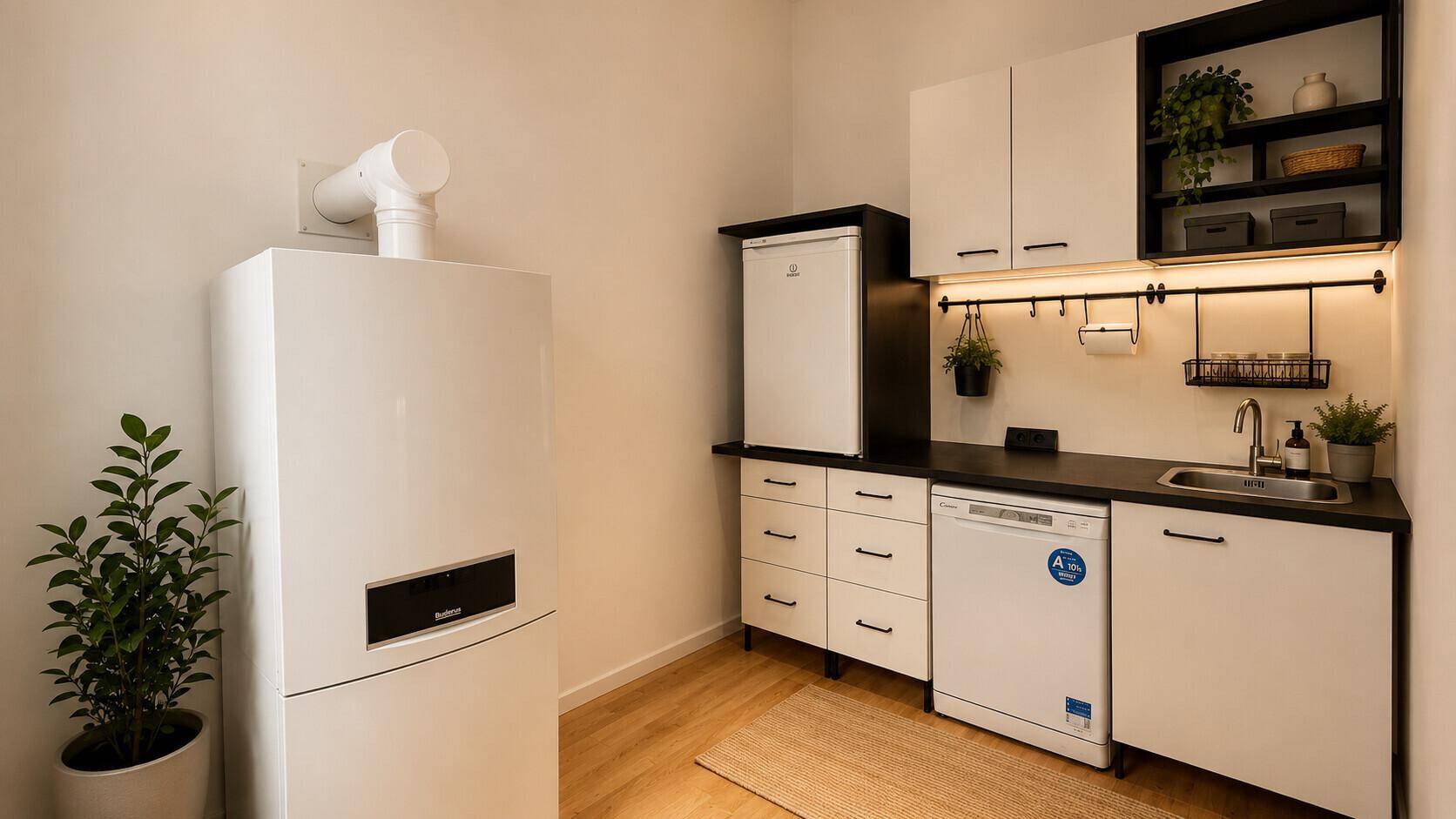 Praktischer Hauswirtschaftsraum mit Waschmaschine, Spülbecken und Stauraum, ideal für den täglichen Gebrauch.