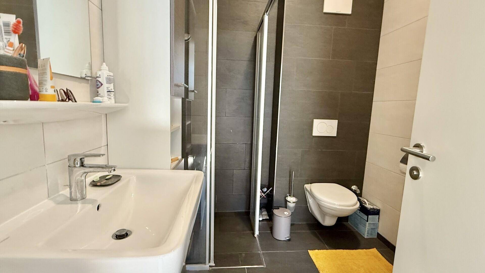 Modernes Badezimmer mit dunklen Fliesen, Dusche, wandhängendem WC und einem einzelnen Waschbecken.