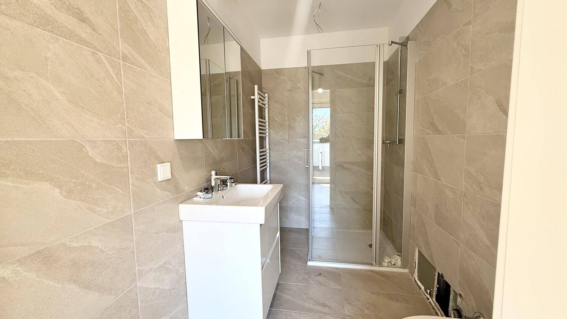 Modernes Badezimmer mit beigefarbenen Fliesen, Einzelwaschbecken und einer begehbaren Dusche.