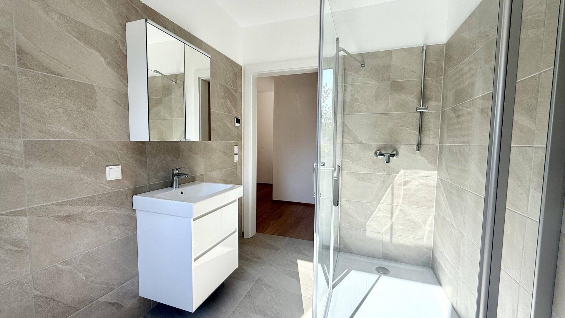 Modernes Badezimmer mit grauen Fliesen, Duschkabine und Waschtisch mit Spiegelschrank.