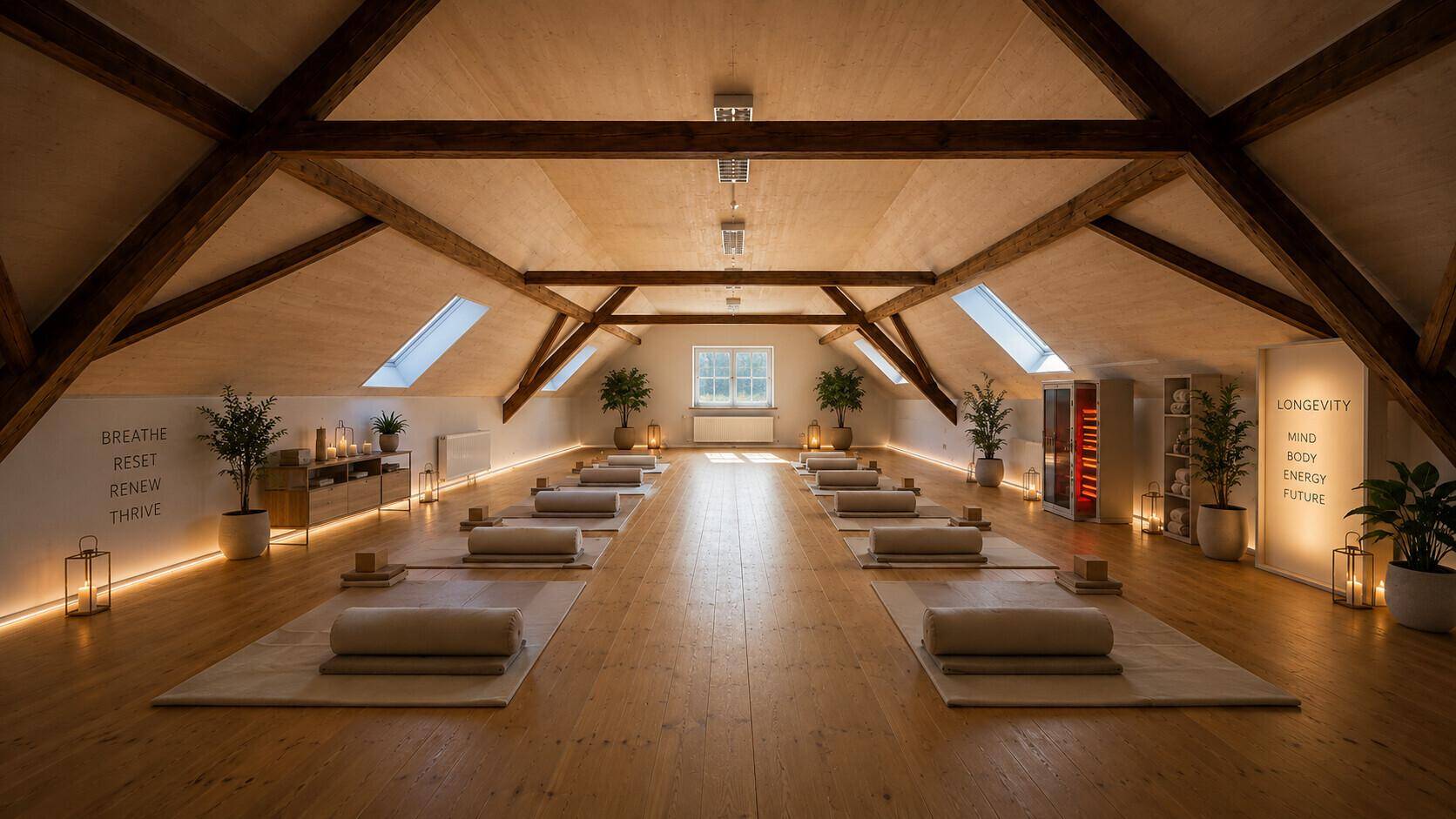 Ruhiger Dachbodenraum, als Yoga-Studio eingerichtet, mit Holzboden, Dachbalken und sanfter Beleuchtung.