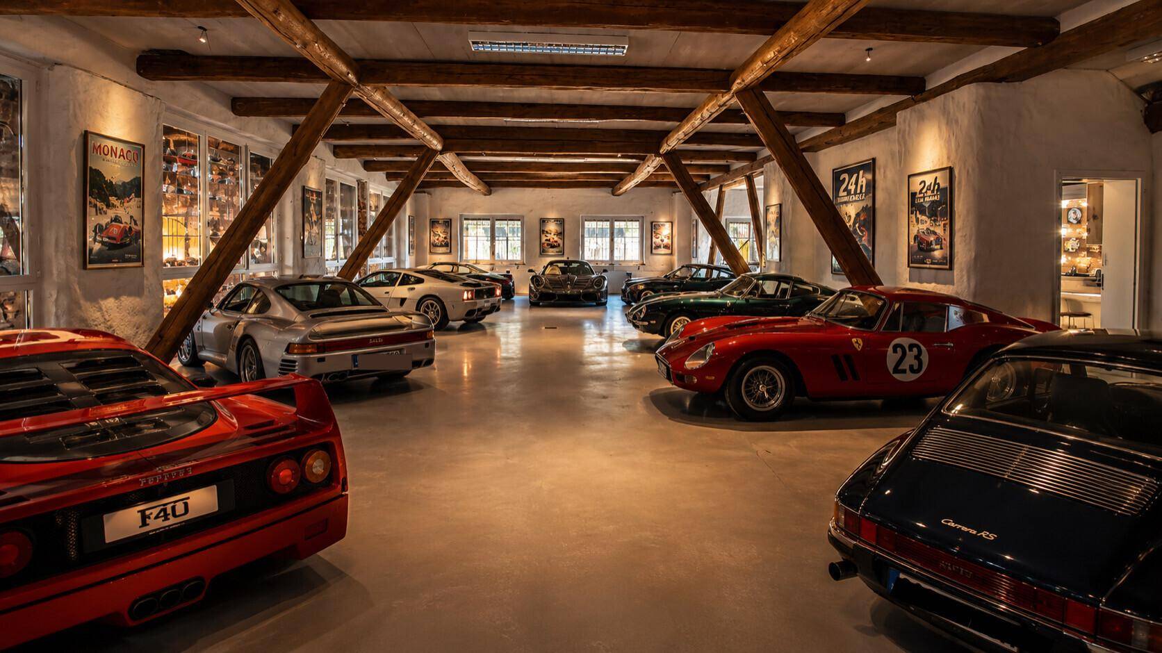 Exklusiver Ausstellungsraum für Oldtimer mit freiliegenden Holzbalken und indirekter Beleuchtung.