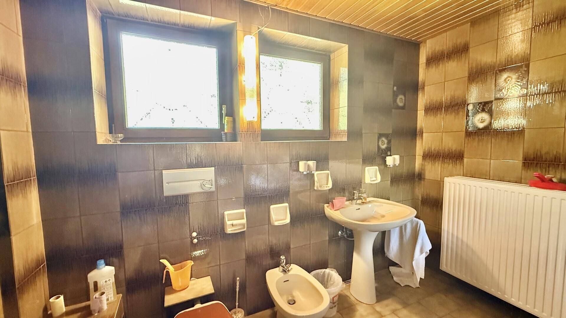 Badezimmer mit gemusterten Fliesen, Standwaschbecken und Bidet, ausgestattet mit zwei Fenstern.
