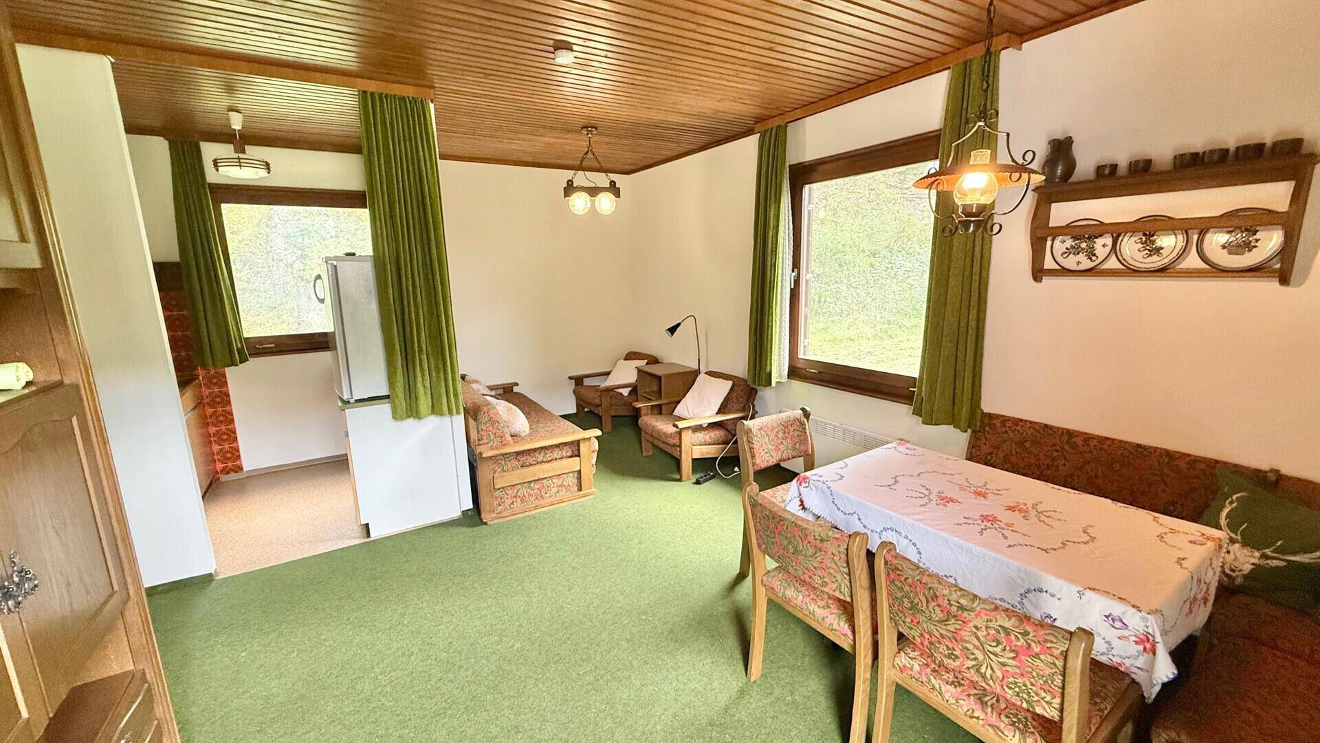 Rustikaler Wohn- und Essbereich mit grünem Teppichboden, Holzdecke und traditionellen Möbeln.