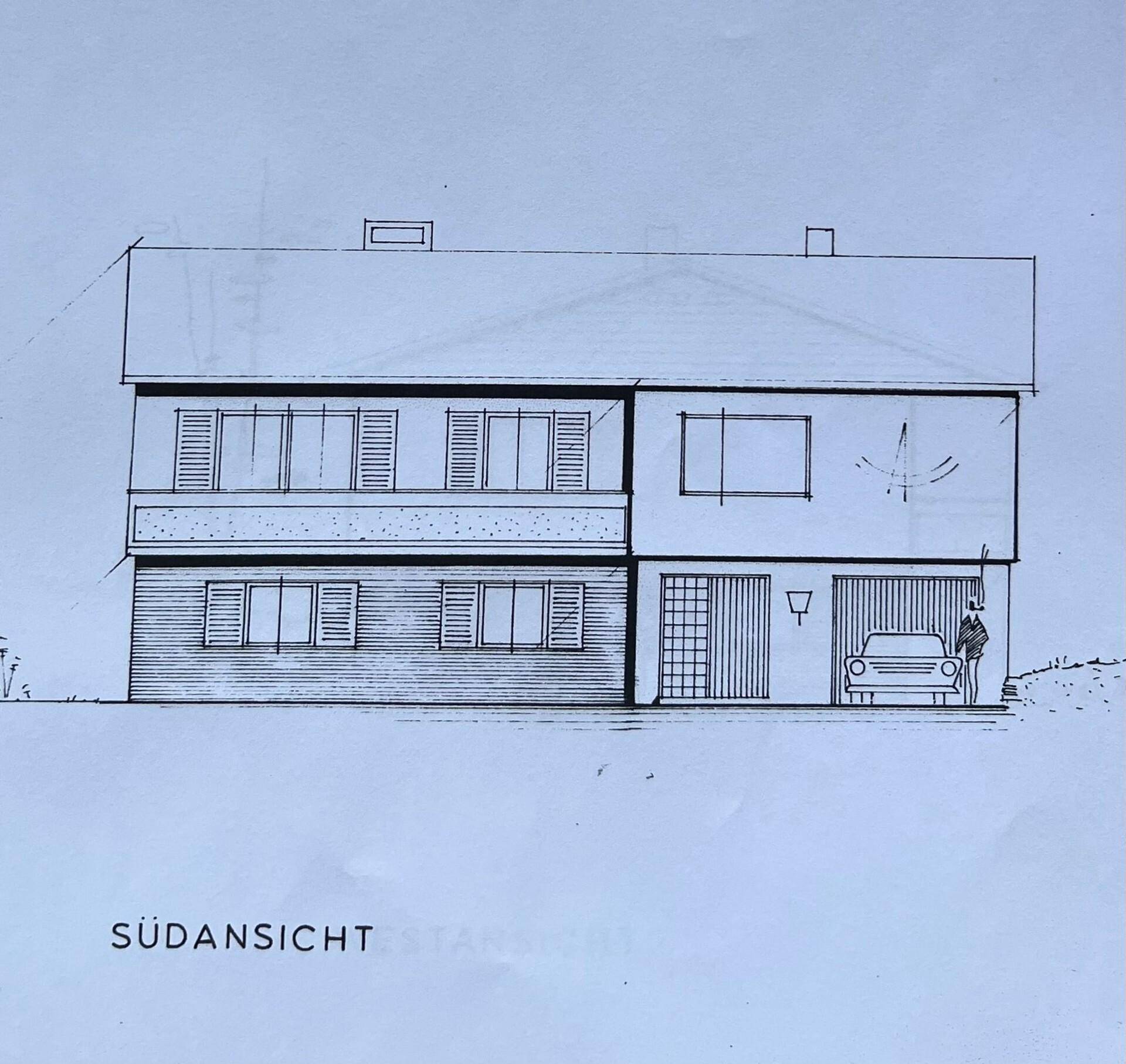 Südansicht des Hauses als architektonische Zeichnung mit Garage und Balkon.