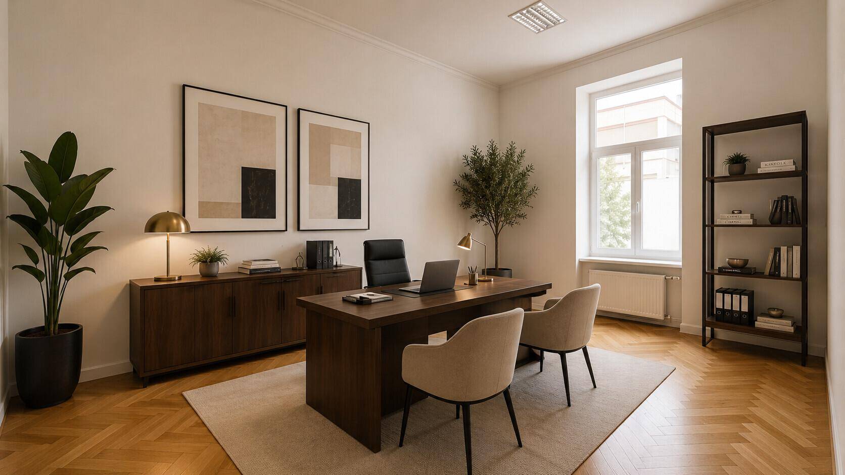Stilvolles Büro mit dunklem Holzschreibtisch, Bücherregal und großen Fenstern, die viel Tageslicht hereinlassen.