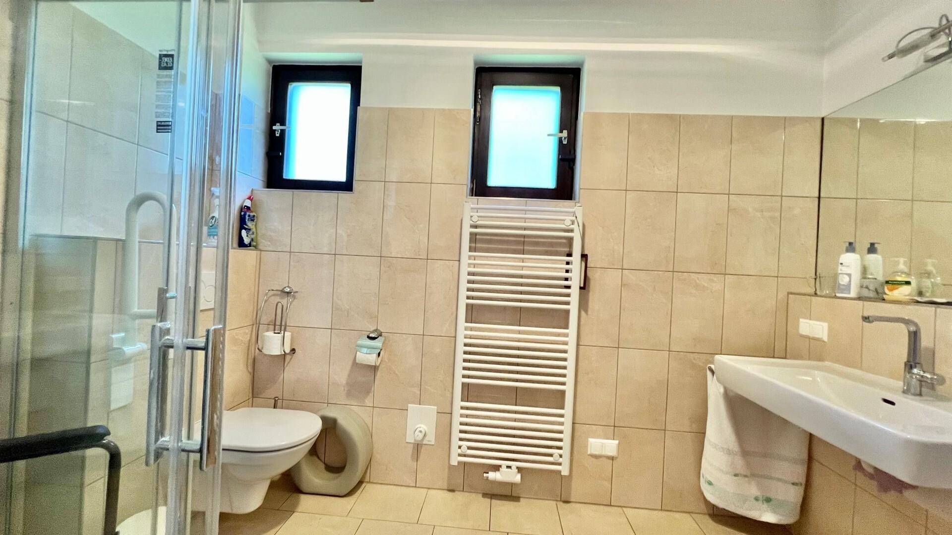 Gefliestes Badezimmer mit Dusche, WC, Waschbecken und Fenster für Tageslicht.