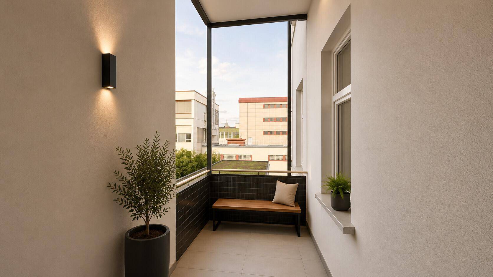 Gemütlicher Balkon mit Sitzgelegenheit und Blick auf die umliegenden Gebäude, ideal zum Entspannen.