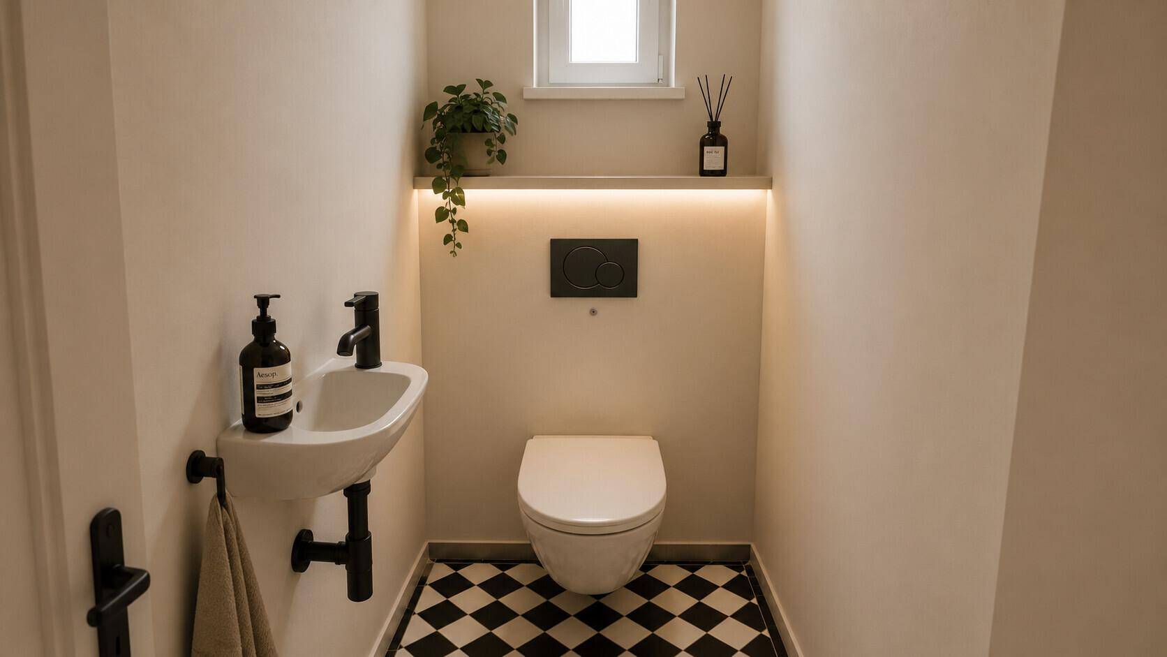 Kompaktes Gäste-WC mit kleinem Waschbecken, wandhängender Toilette und einem Fenster für natürliche Belüftung.