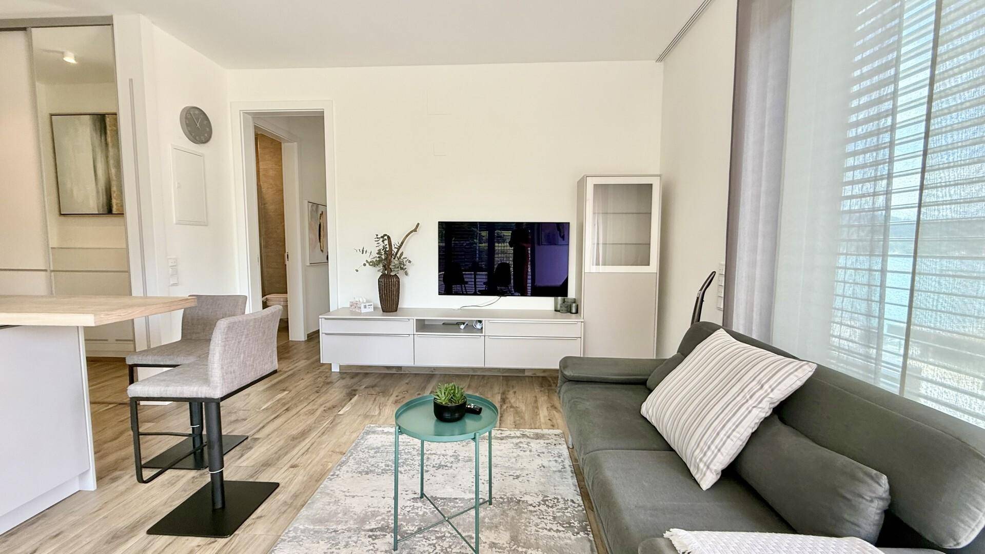 Gemütlicher Wohnbereich mit Sofa, Fernseher und Zugang zu weiteren Räumen.