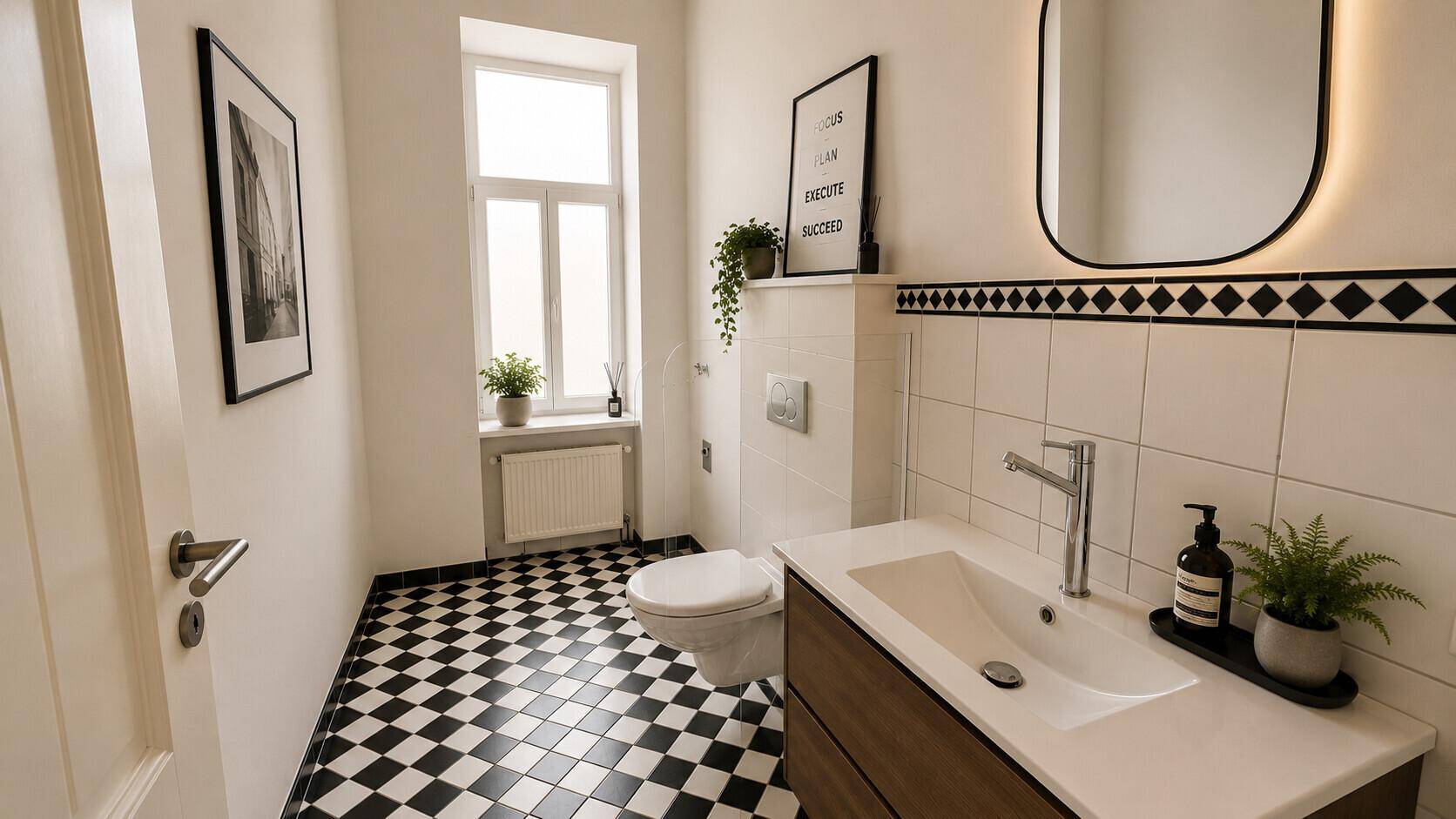 Modernes Badezimmer mit schwarz-weißem Fliesenboden, wandhängendem WC und großem Fenster für Tageslicht.