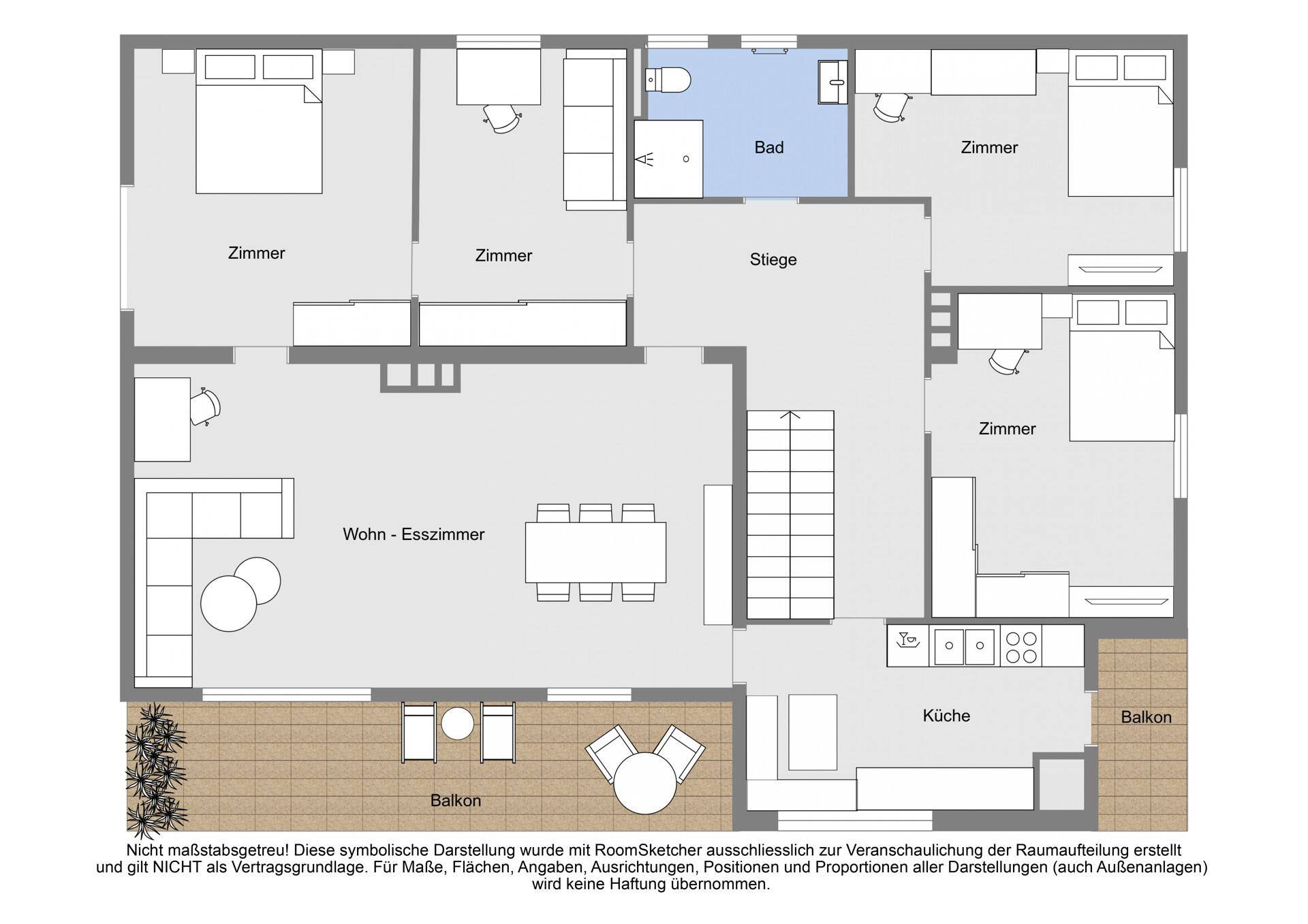 Grundriss des Obergeschosses mit Wohn-Esszimmer, Küche, Bad, mehreren Zimmern und Balkonen.