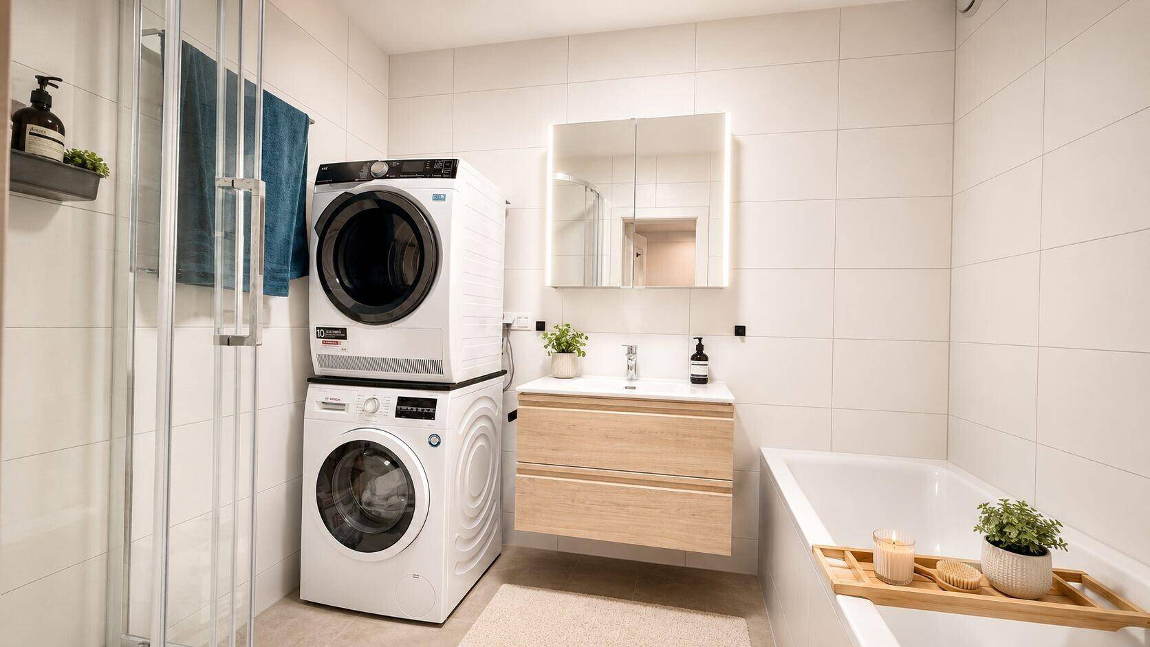 Modernes Badezimmer mit Badewanne, Dusche und integrierter Waschmaschine.