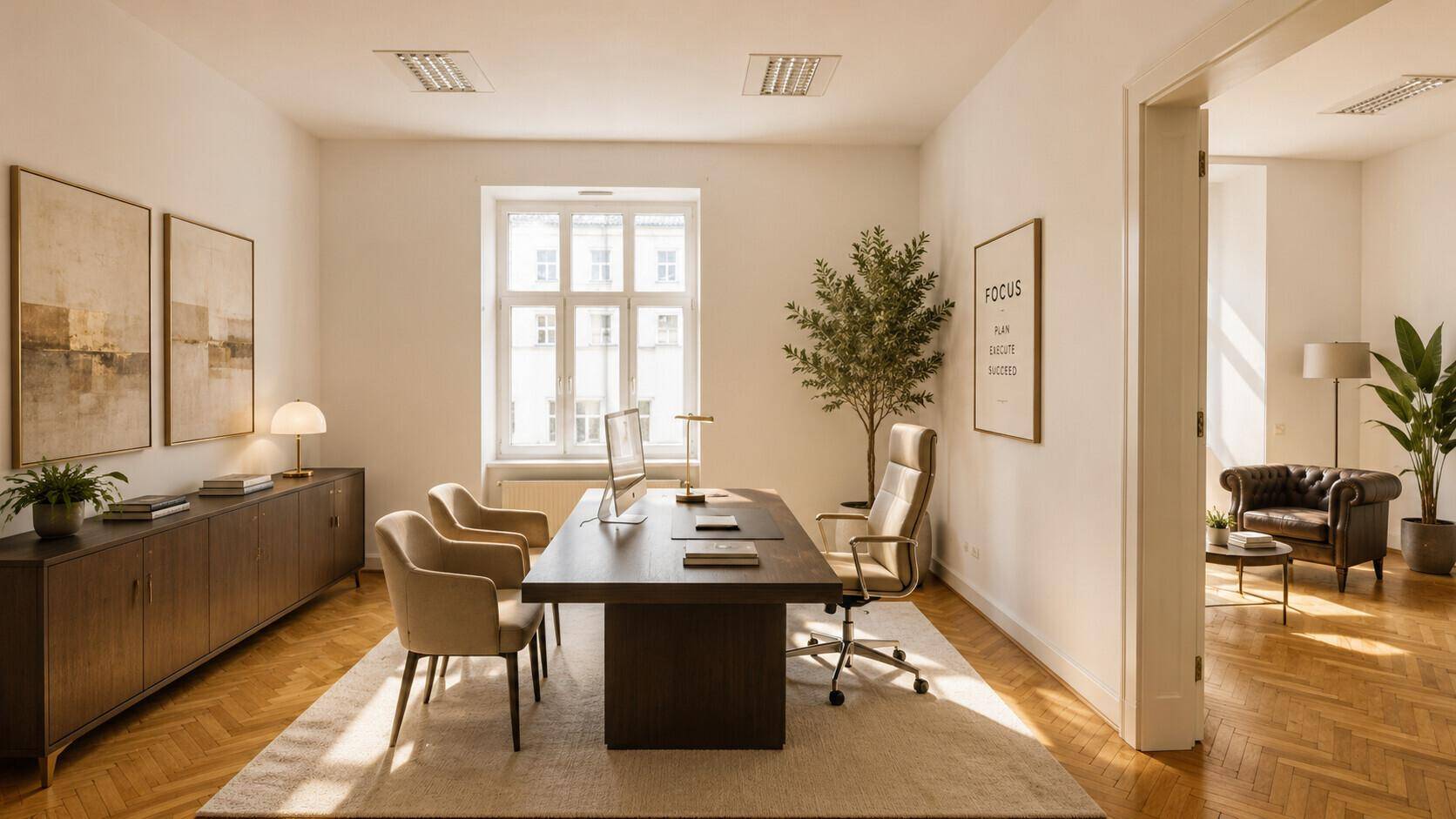 Helles Büro mit elegantem Schreibtisch, ergonomischem Bürostuhl und Blick auf die Stadt durch große Fenster.