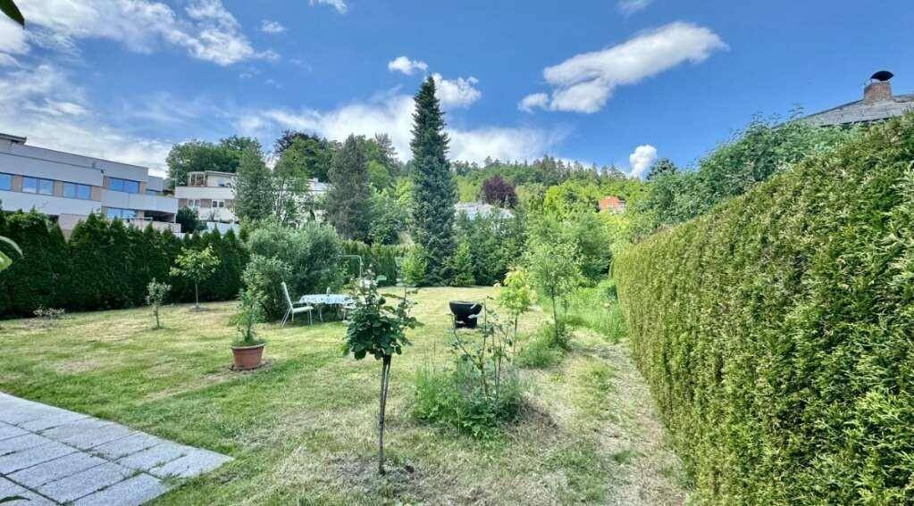 Weitläufiger Gartenbereich mit Hecken, Bäumen und einer kleinen Sitzgelegenheit.