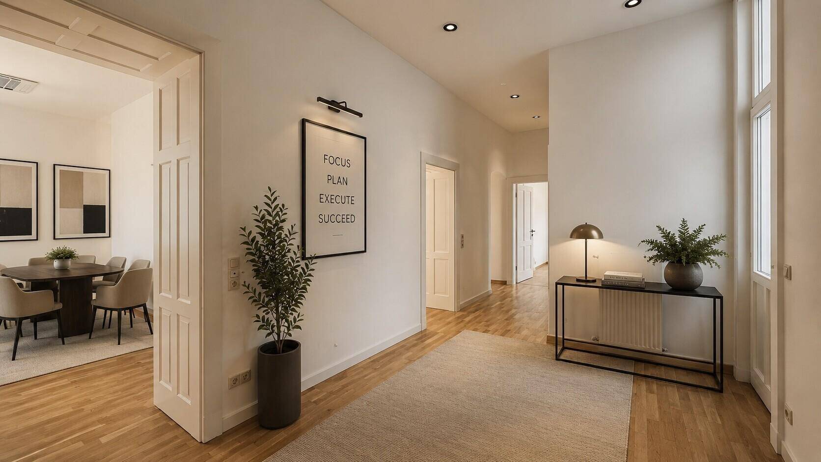 Heller Flur mit Holzboden, dekorativen Elementen und Zugang zu mehreren Räumen, darunter ein Besprechungszimmer.