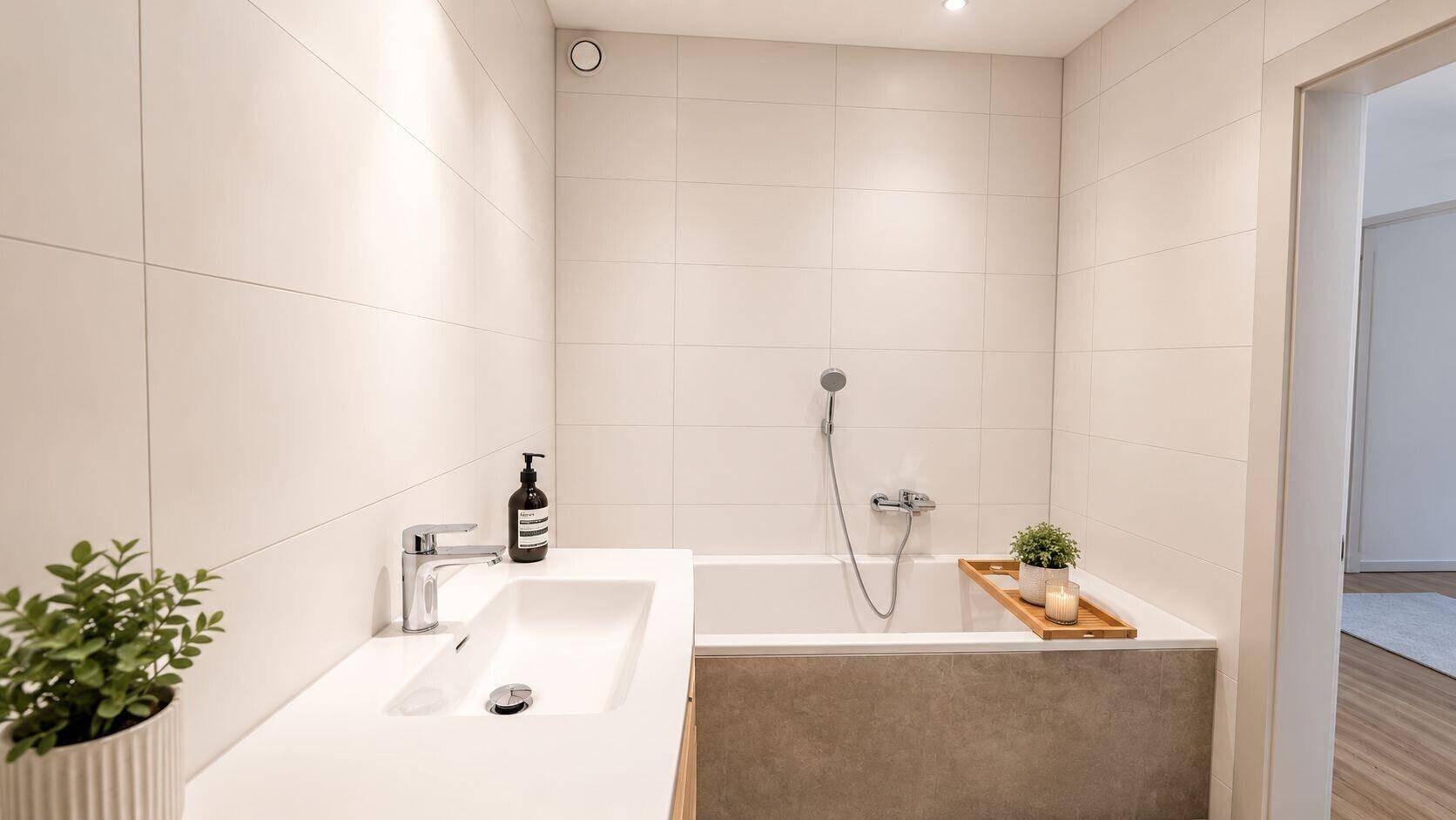 Helles Badezimmer mit Badewanne, modernem Waschbecken und weißen Fliesen.
