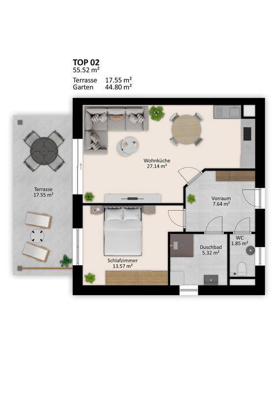 Grundriss der Wohnung TOP 02 mit Wohnküche, Schlafzimmer, Bad und Terrasse.