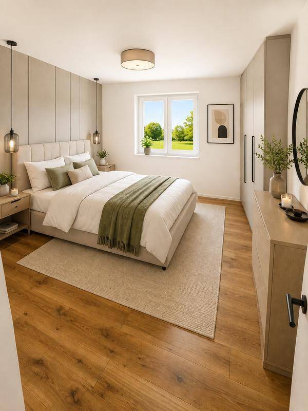 Modernes Schlafzimmer mit Holzboden, großem Fenster und Blick ins Grüne.
