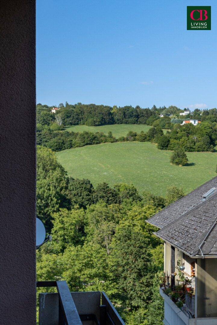 Weitläufiger Blick über grüne Felder und bewaldete Hügel von einem Balkon aus.