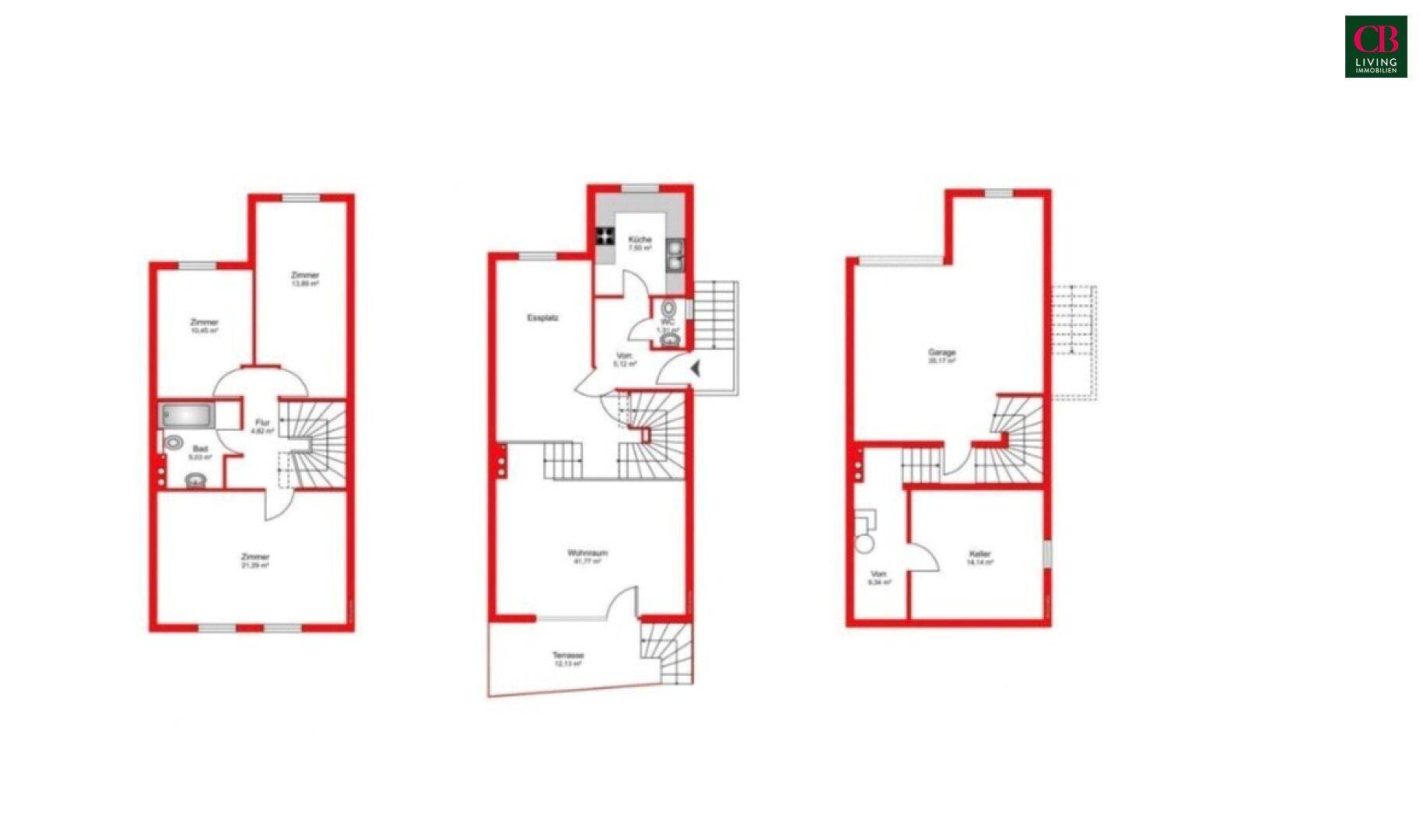 Drei Grundrisse zeigen verschiedene Etagen eines Hauses mit Zimmern, Bad und Terrasse.