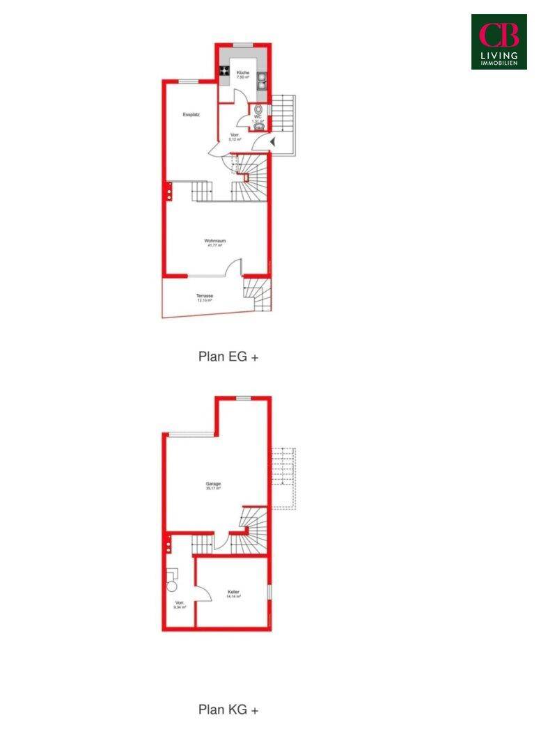 Zwei Grundrisse zeigen das Erdgeschoss mit Wohnbereich und Küche sowie das Kellergeschoss mit Garage.