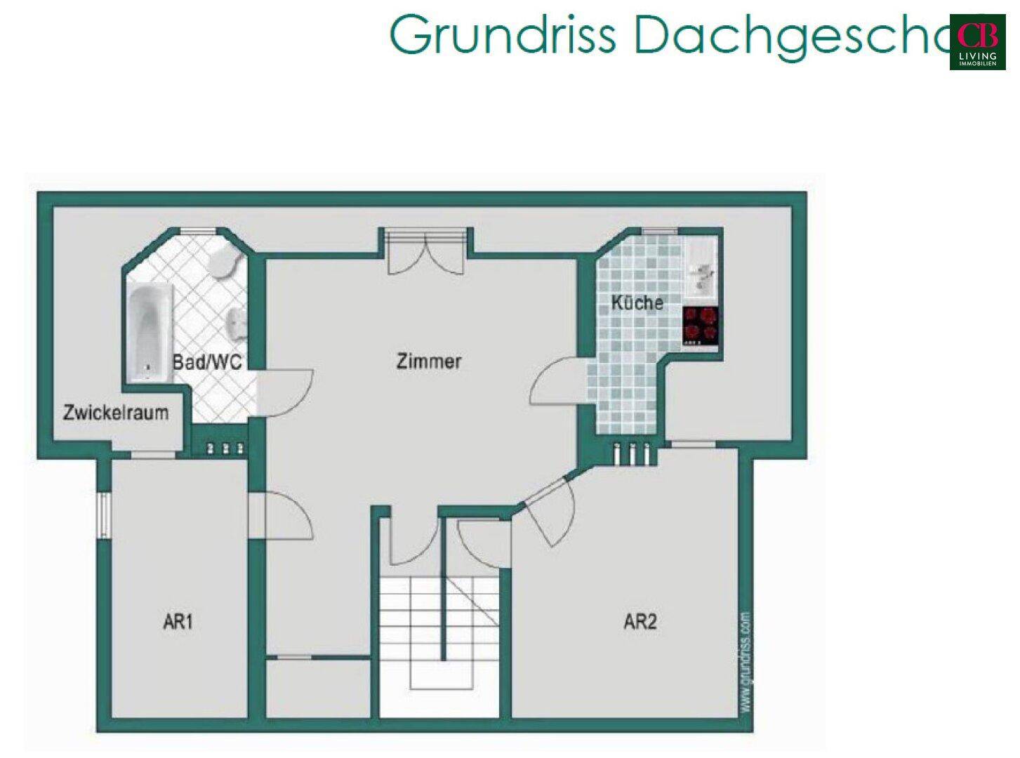 Grundriss des Dachgeschosses mit Zimmern, Bad, Küche und Dachschrägen.