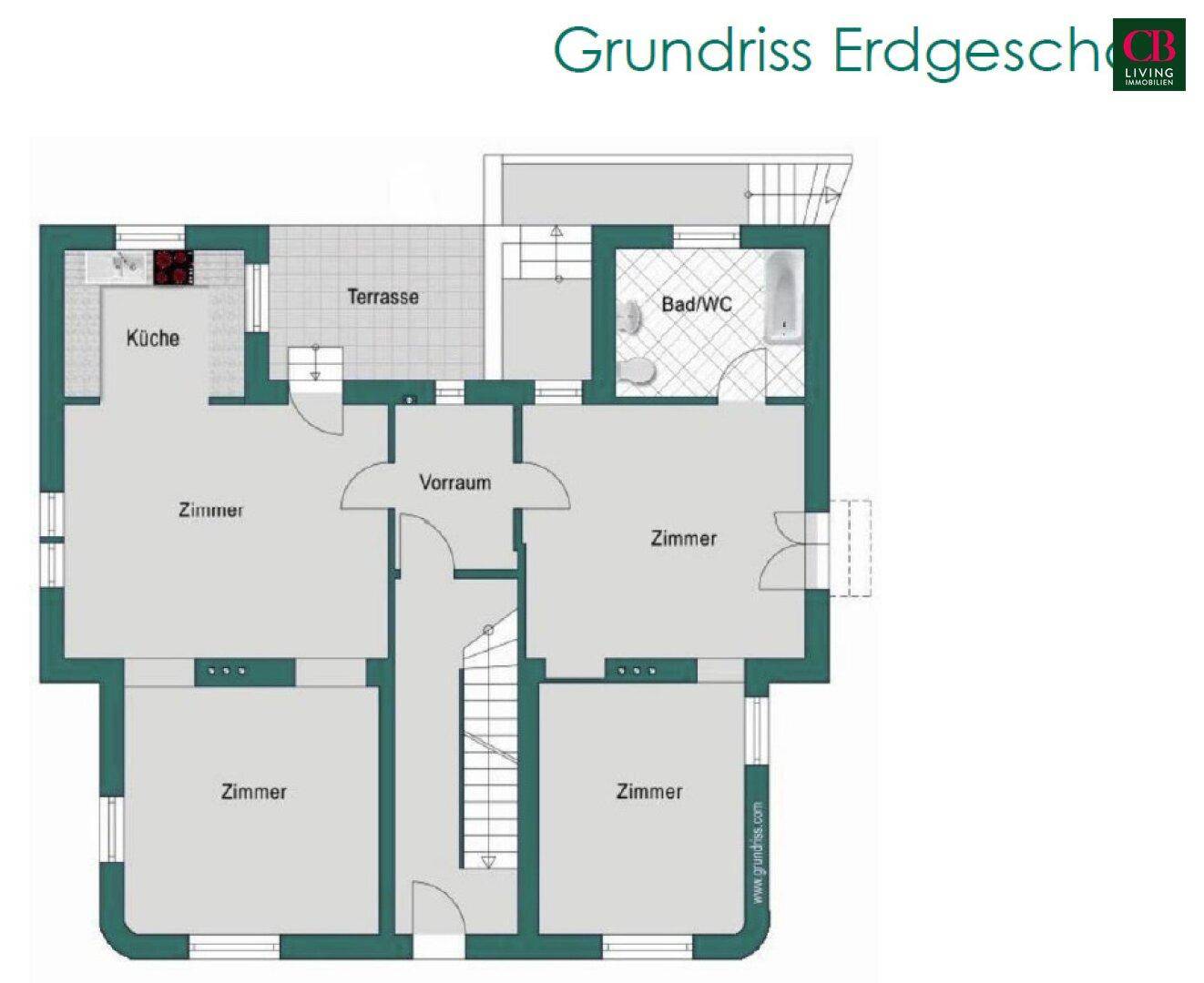 Grundriss des Erdgeschosses mit Küche, Zimmern, Bad und Terrasse.