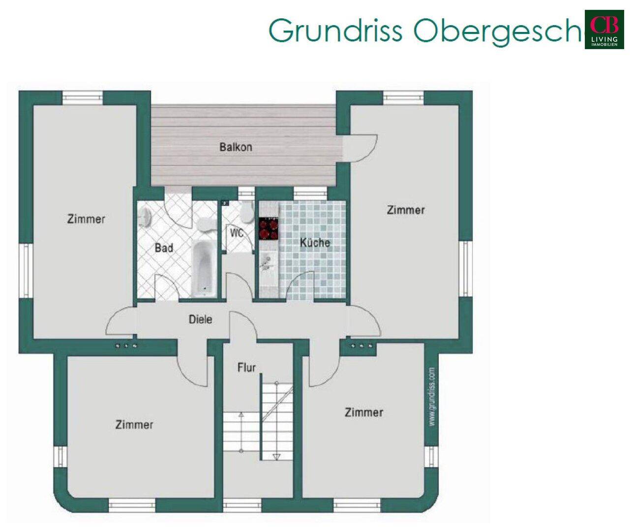 Grundriss des Obergeschosses mit Zimmern, Bad, WC, Küche und Balkon.