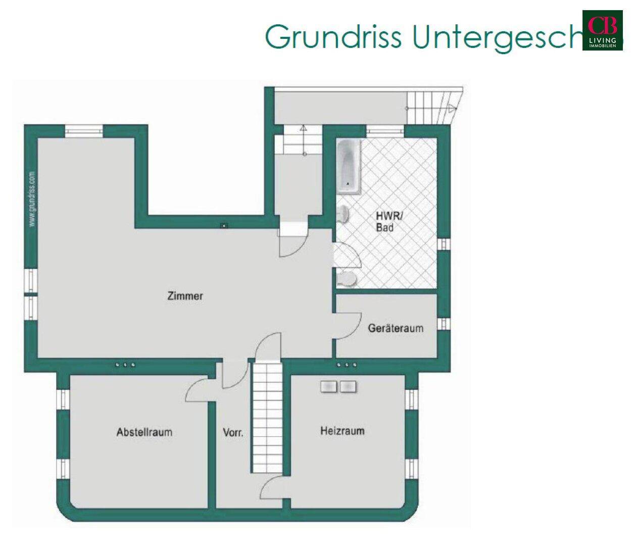 Grundriss des Untergeschosses mit Zimmer, Bad, Heizraum und Abstellraum.