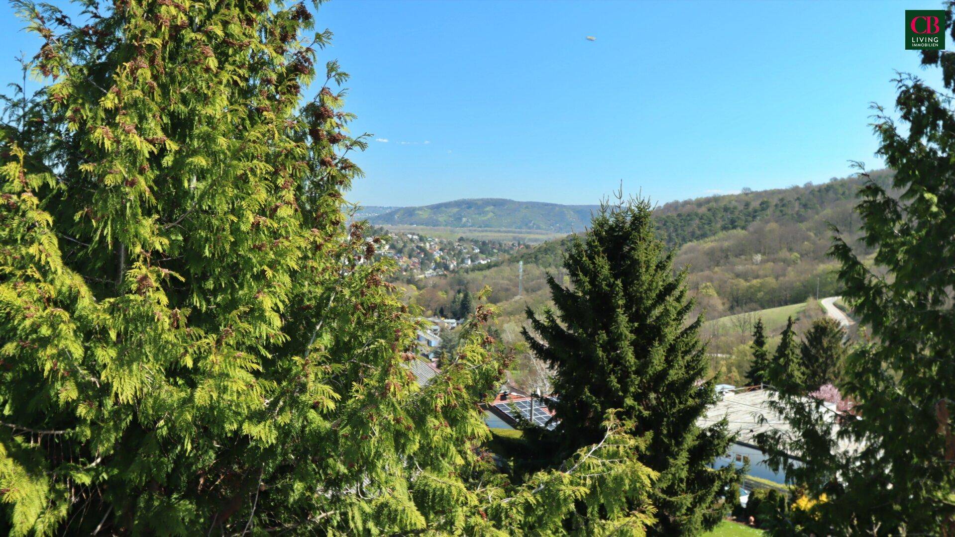 Weitläufiger Blick über die grüne Landschaft und umliegende Hügel.
