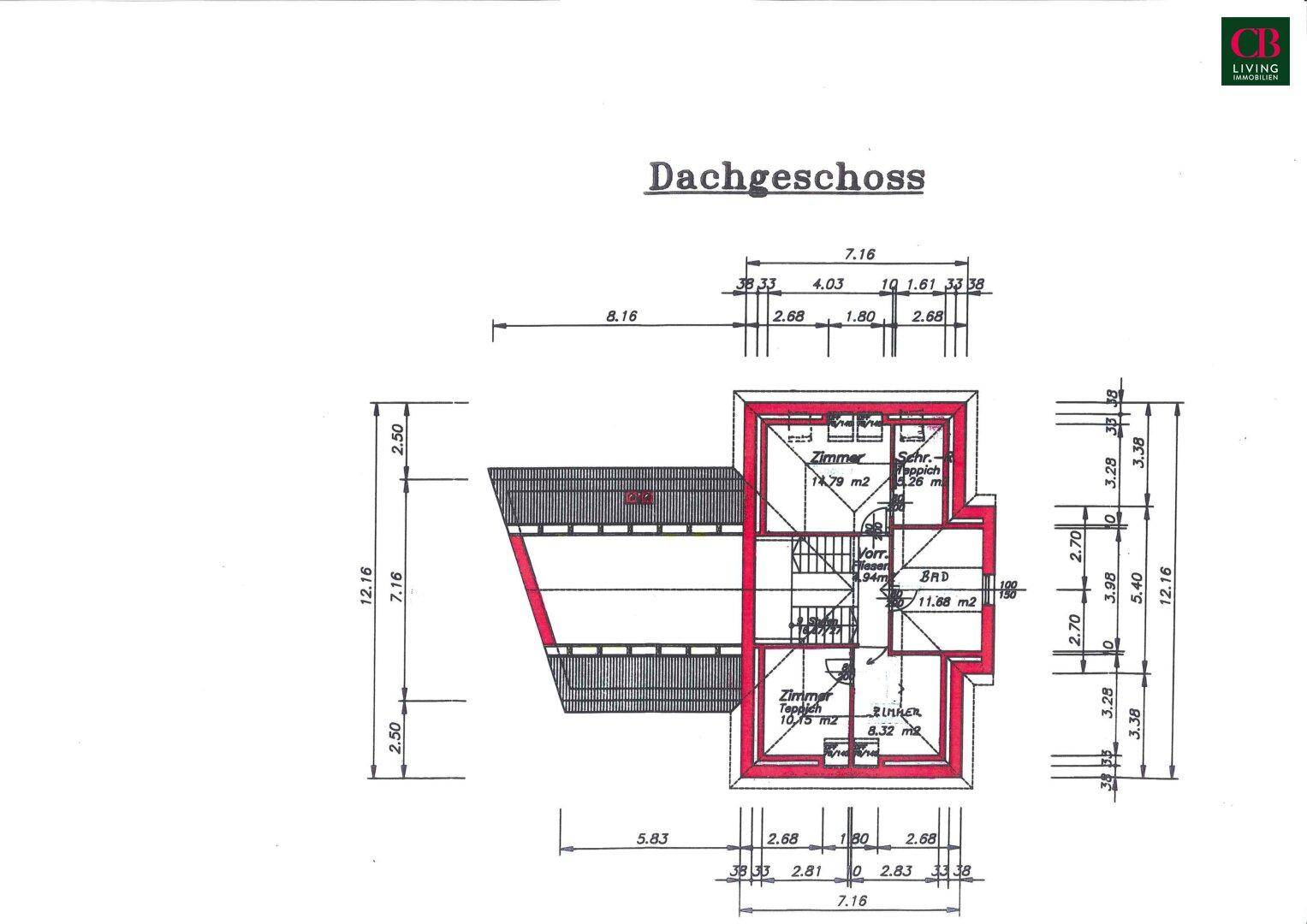 Grundriss des Dachgeschosses mit Schlafzimmern und Badezimmer.