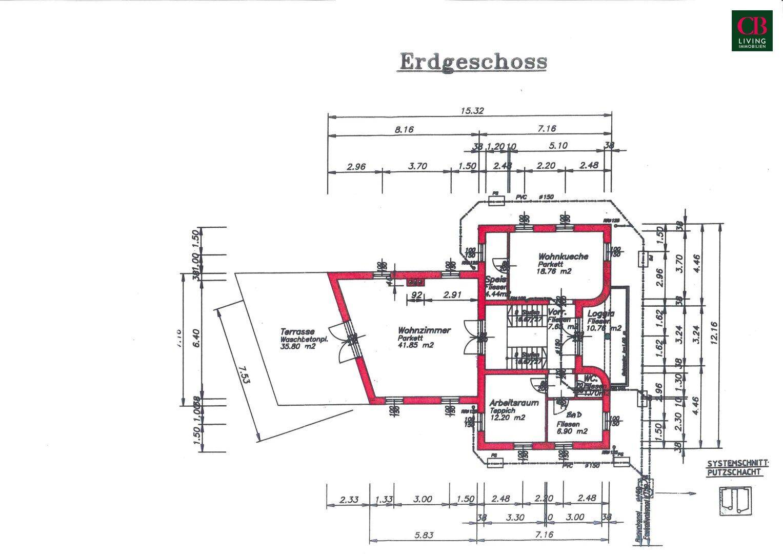 Grundriss des Erdgeschosses mit Wohnzimmer, Küche, Arbeitszimmer und Terrasse.