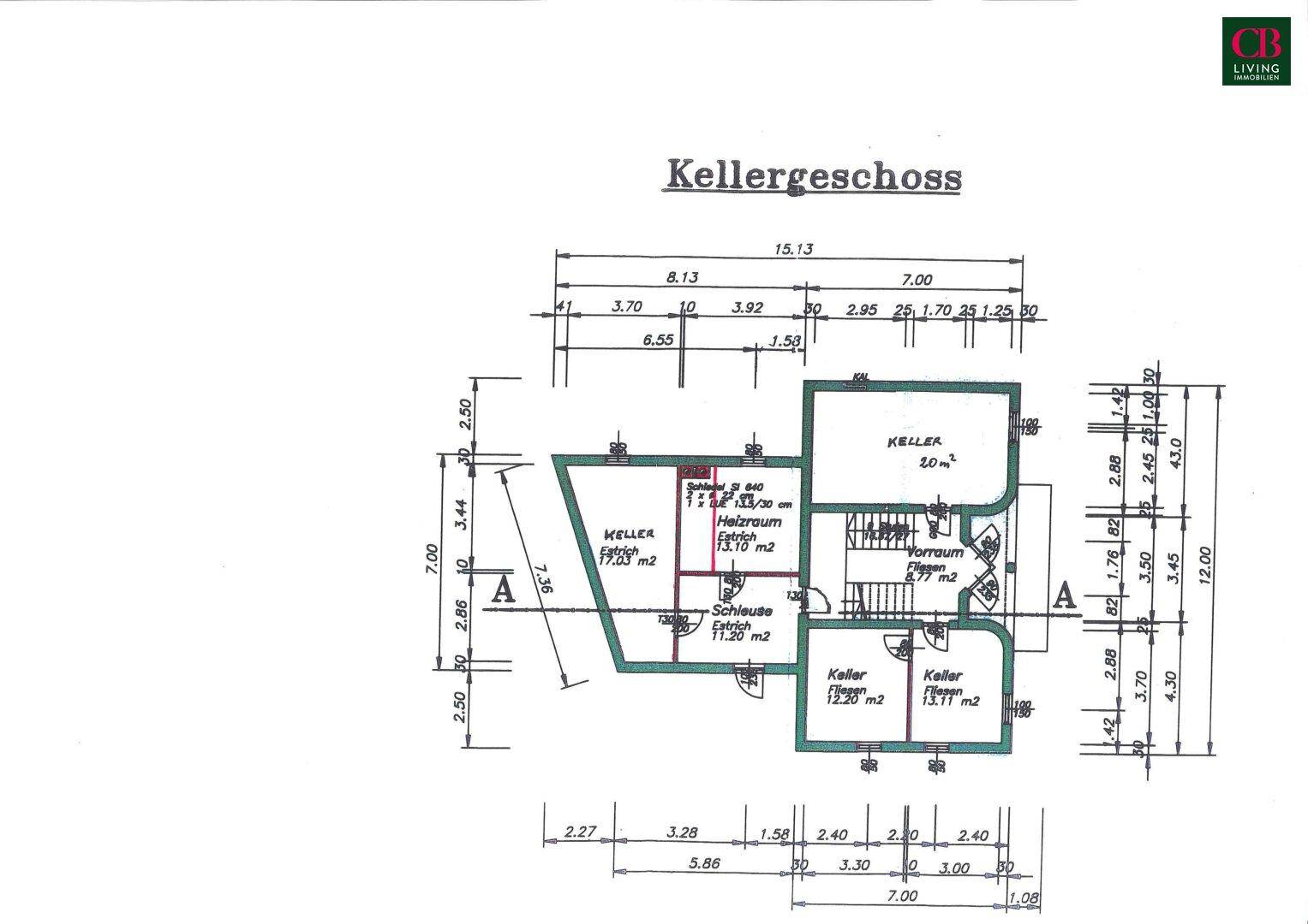 Grundriss des Kellergeschosses mit mehreren Kellerräumen und Vorraum.