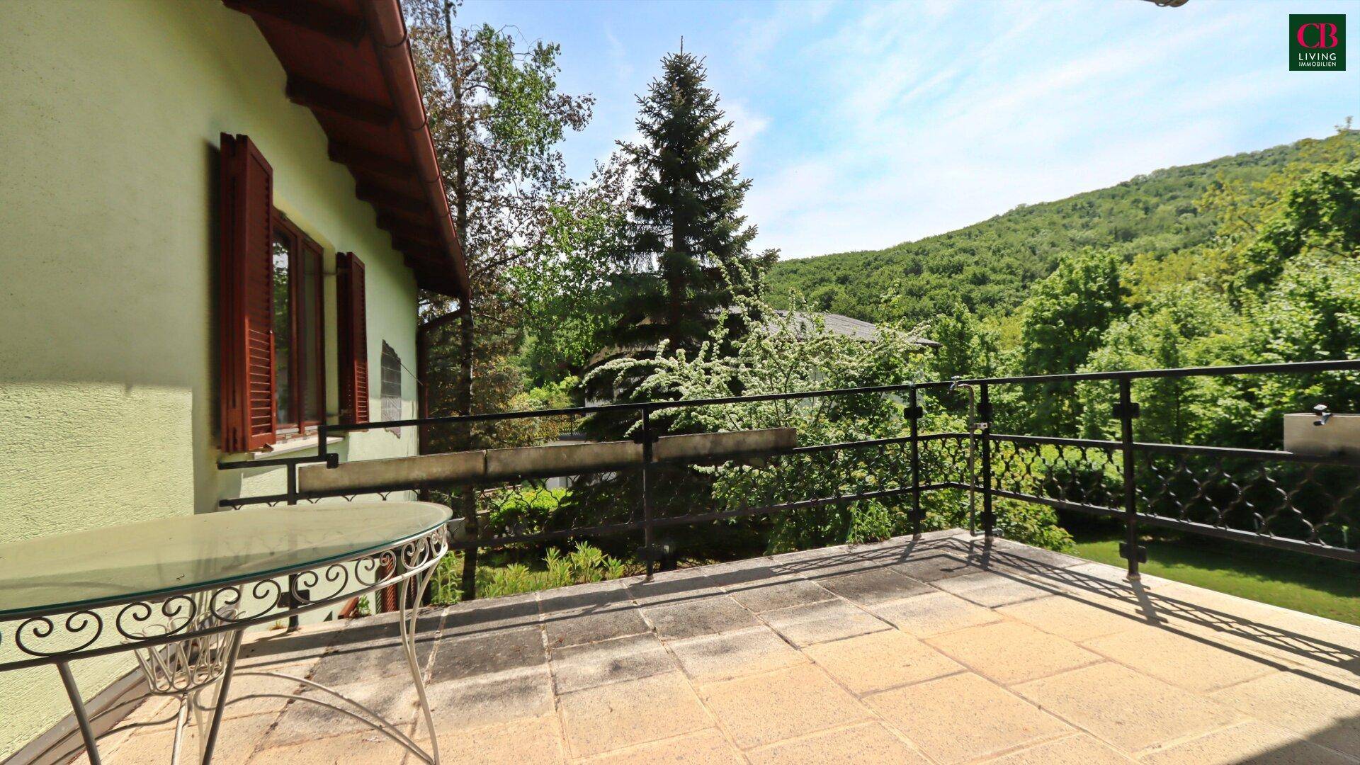 Geräumige Terrasse mit Steinplatten und schmiedeeisernem Tisch, umgeben von Bäumen.