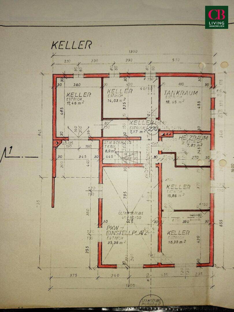 Grundriss des Kellers mit verschiedenen Kellerräumen, Tankraum und Heizraum.