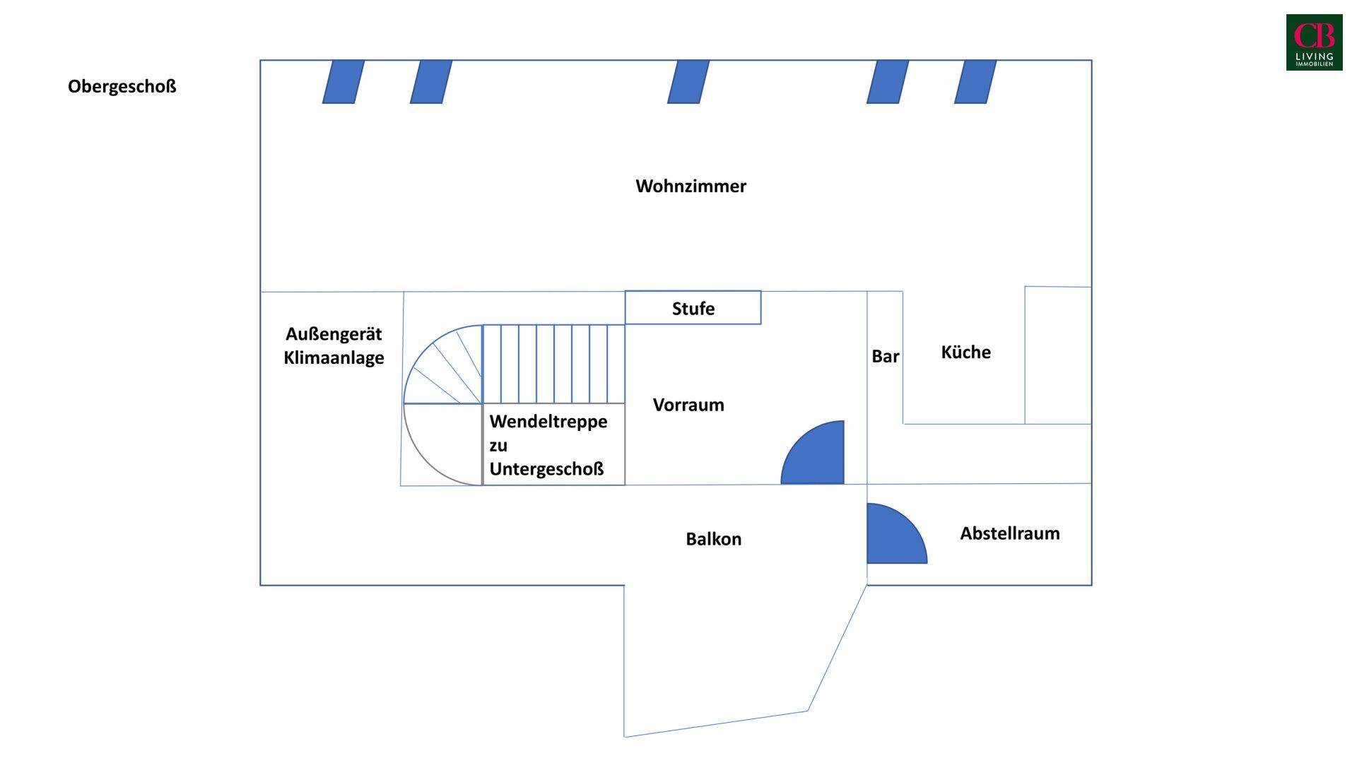 Grundriss des Obergeschosses mit Wohnzimmer, Küche, Balkon und Abstellraum.