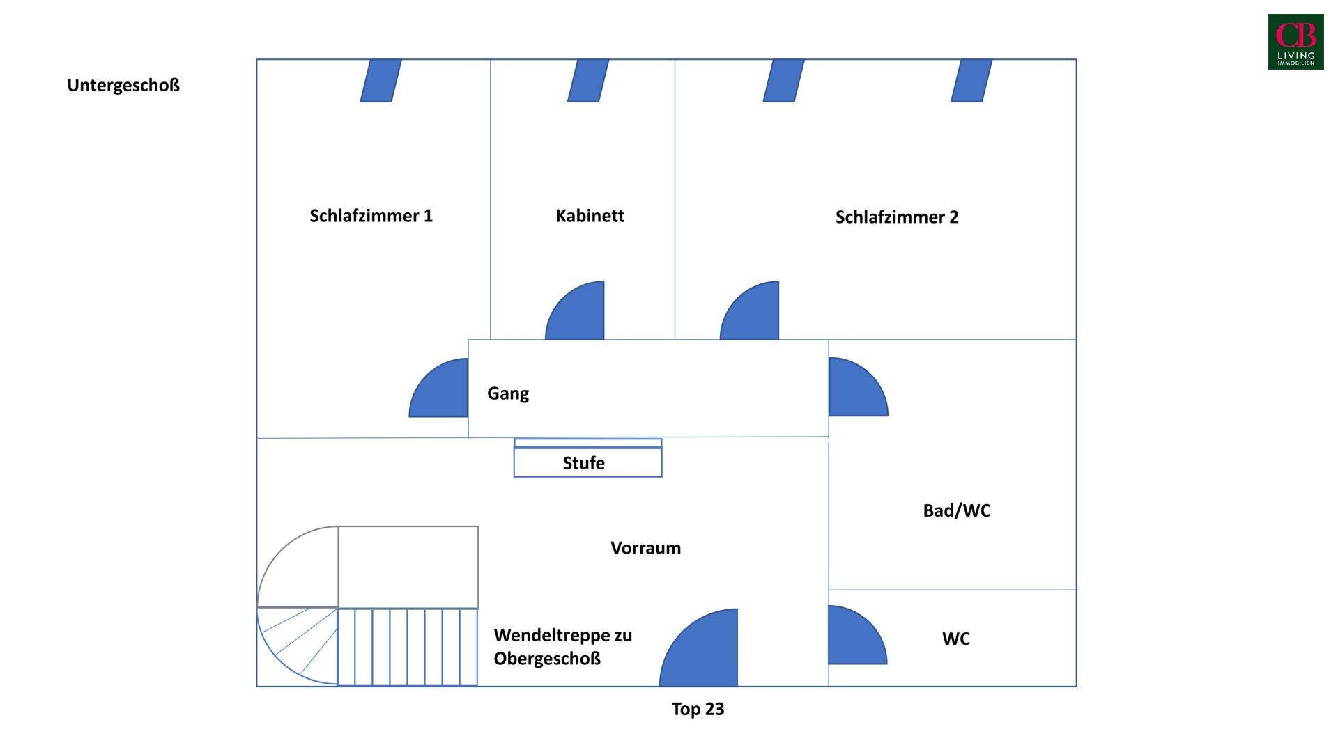 Grundriss des Untergeschosses mit zwei Schlafzimmern, Bad und Wendeltreppe.
