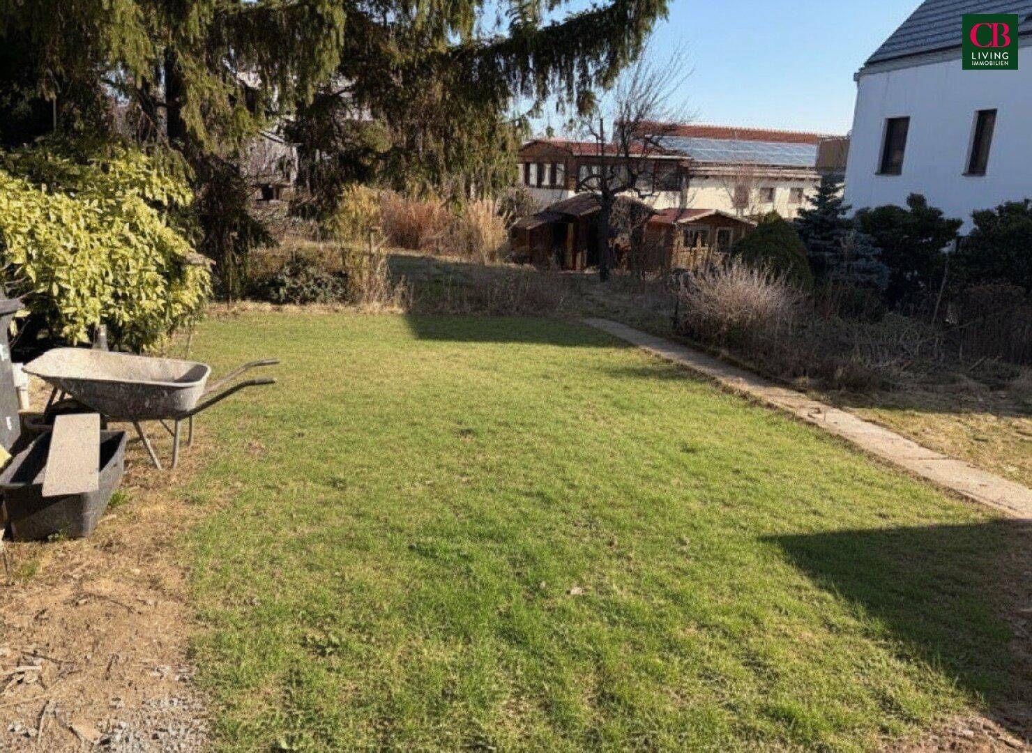 Gepflegte Rasenfläche im Gartenbereich mit angrenzenden Sträuchern und Bäumen.