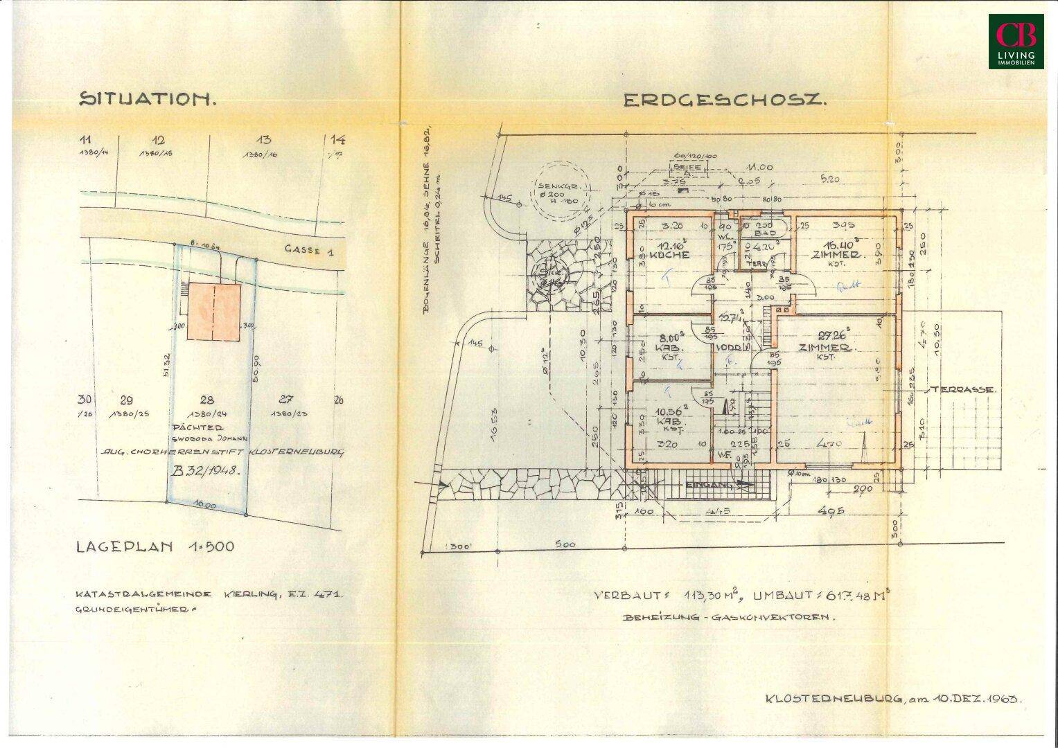 Historischer Grundriss des Erdgeschosses mit Lageplan und Terrasse.
