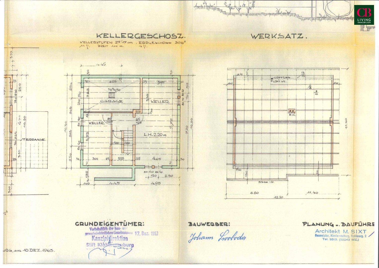 Historischer Grundriss des Kellergeschosses mit Garage und Kellerräumen.