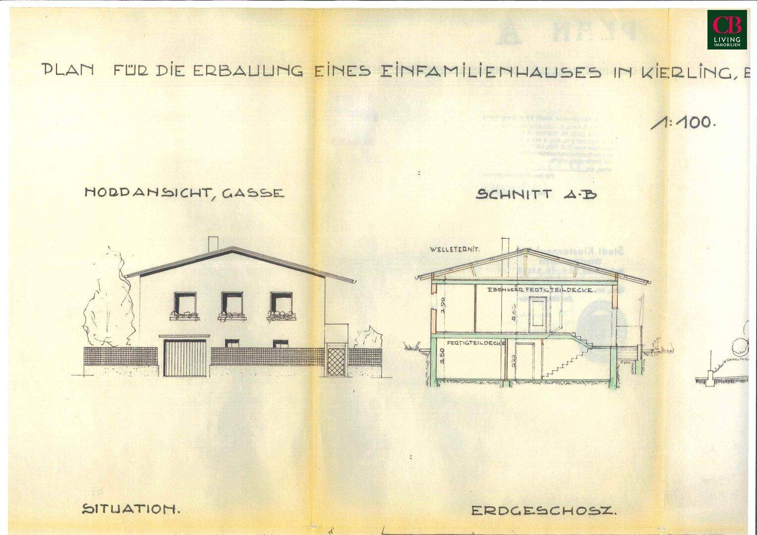 Historische Ansicht der Nordfassade und Schnittzeichnung des Einfamilienhauses.