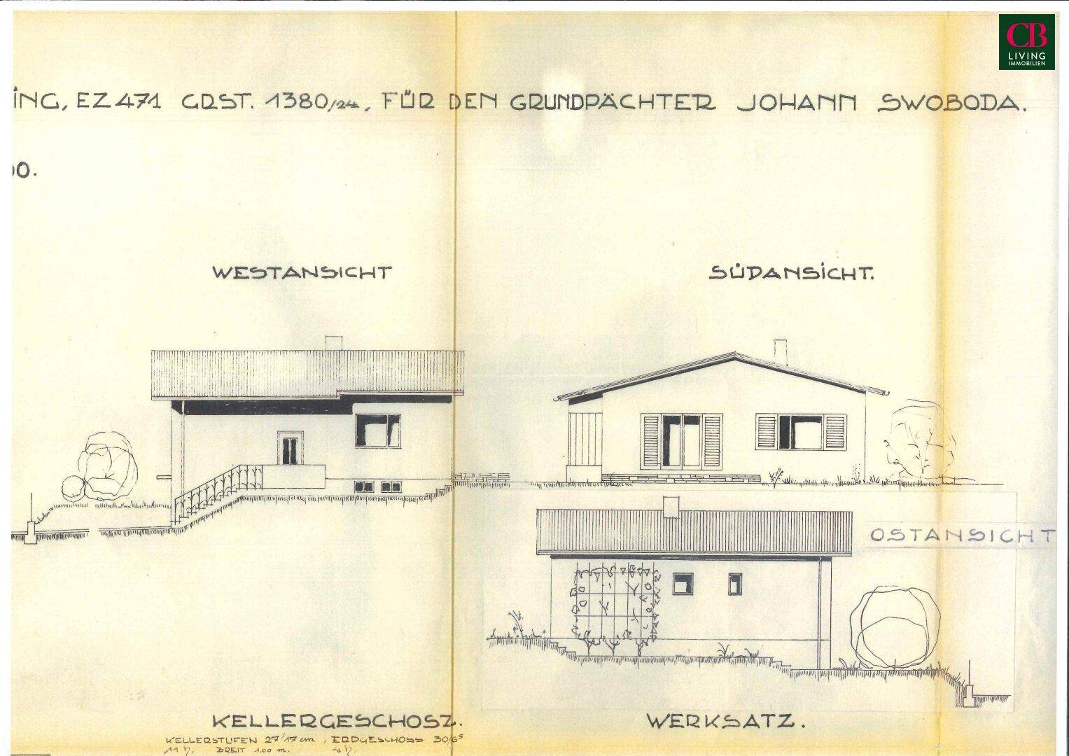 Historische Ansichten der West-, Süd- und Ostfassaden des Einfamilienhauses.
