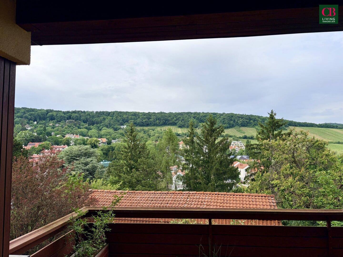 Panoramablick von einem Balkon über eine grüne Hügellandschaft mit Häusern und Weinbergen.